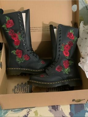Dr. Martens Black Leather Vonda Boots with Red Rose Embroidery
